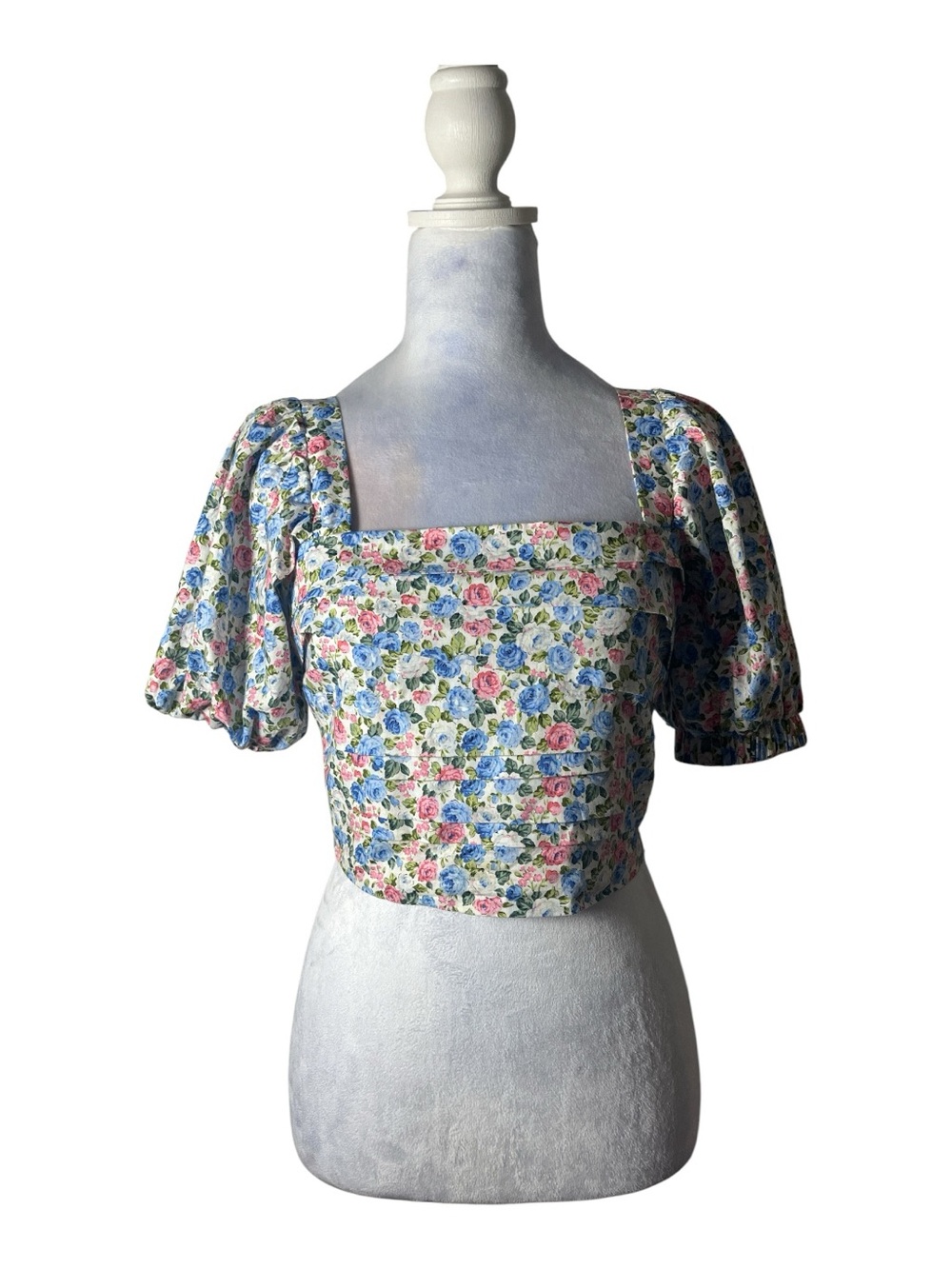 MVN pink & blue Square Neck Puff Sleeve Crop Top - cotton sz 6 M